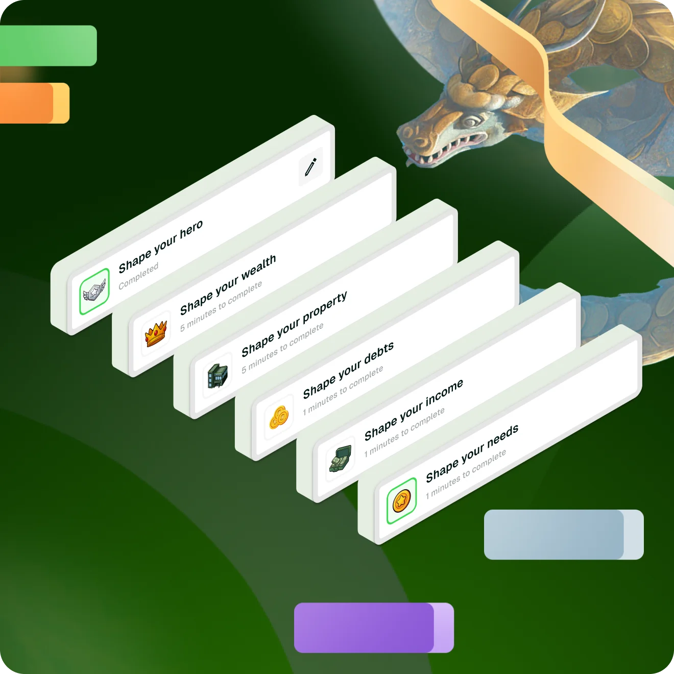 Zealth app quest log showing bite-sized financial action items
